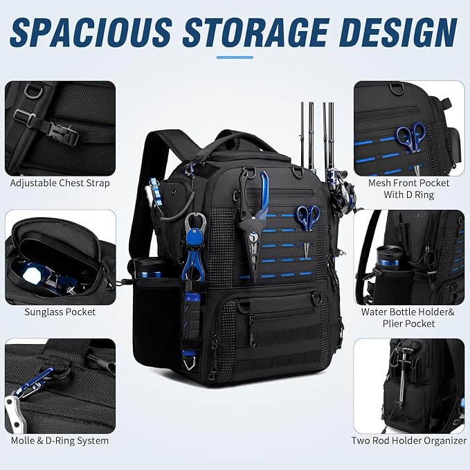 Fishing Tackle Backpack with 2 Rod Holders, Multi-Pocket Tactical Bag with Bottle Holder, 50L Large Storage Bag for Fishing Gear and Equipment, Black