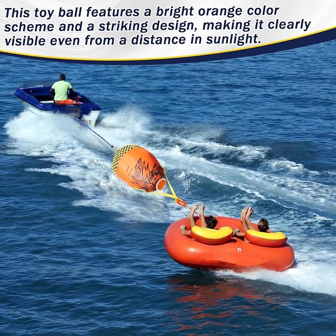 Silipull Towable Booster Ball with 60 ft Tow Rope, 4100 lb Break Strength, Inflatable Towable Tube Ball with Rope Float for Boating, Water Sports, Tubing & Speedboats, Orange