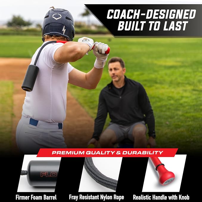 GoSports Baseball & Softball Rope Swing Trainer - Hitting System Training Equipment - Includes FLO BAT with 12 Foam Baseballs & Tote Bag