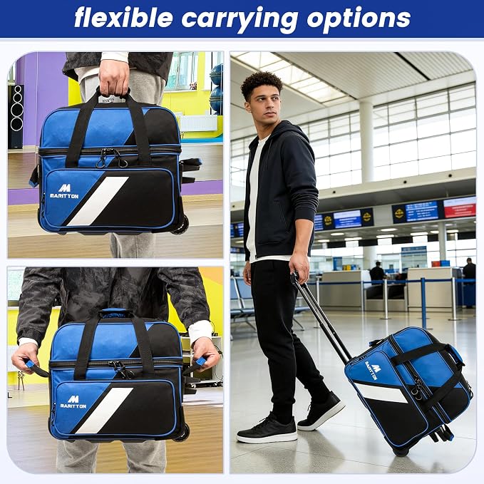 3 Ball Bowling Bags with Wheels, 2 Ball Bowling Bags Double roller with Single Ball Tote, Multi-Pockets & Shoe Compartment (Fits Up to Size 15).