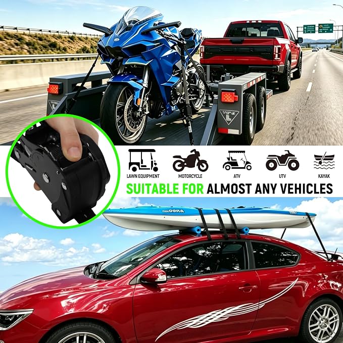 Retractable Ratchet Straps (Patented-4pack) - 1 inch x 10Feet (1,800lb Break Strength) Auto Self Retracting Tie Down Straps - Self Retractable Straps with Refletcive for Motorcyle, Truck or Cargo