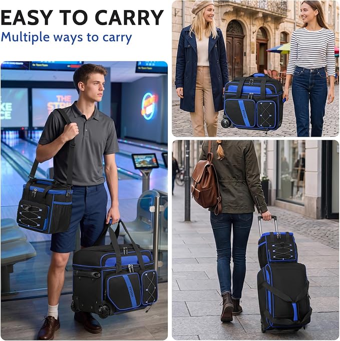 3 Ball Bowling Bag with Wheels, 2+1 Bowling Ball Bags Double Roller with Single Bowling Tote for Accessories, Multi-Pockets & Shoe Compartment (Fits Up to Size 15)