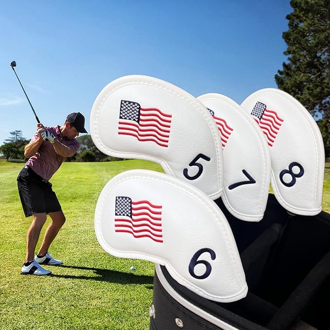 Patriotism US Flag Golf Iron Covers Premium Leather Iron Head Covers Set Headcover 4 5 6 7 8 9 PW SW AW LW Wedge Iron Club Covers fits for Most Brands