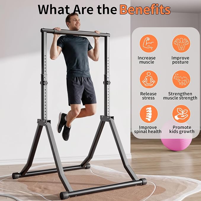 Foldable Power Tower Dip Station for Pull Ups, 66.1"-84.6" 12 Level 700 LBS, Adjustable Dip Handles & Assistance Bands Foldable Home Gym Equipment