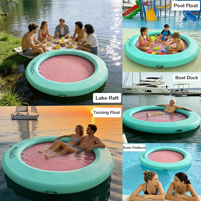 Water Hammock Inflatable Dock, 3.8ft/6ft/8ft Floating Raft Circular Water Island, Float Rings Air Mesh Platform for Lake/River/Swim Pool