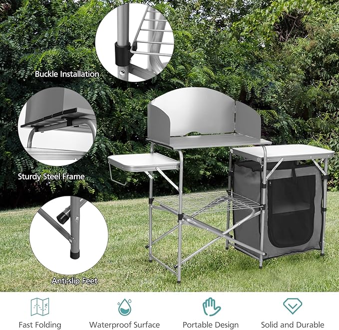 Tangkula Folding Camping Kitchen Table, Aluminum Portable Camping Grill Table with Windscreen, Cook Station, Outdoor Quick Set-up Camp Cook Table with Storage Organizer Shelves, Carry Bag