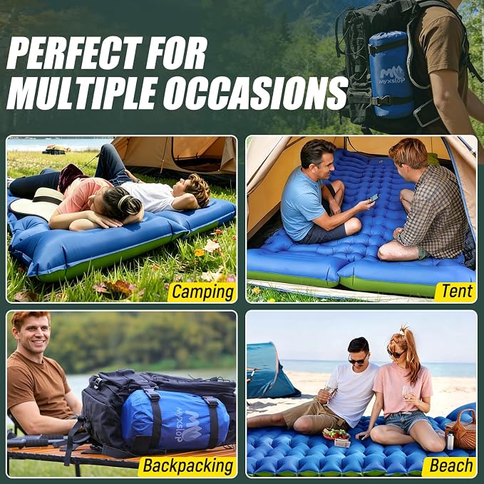 Myxslop Double Sleeping Pad for Camping, 4" Extra-Thick Inflatable Air Mattress with Built-in Pillow & Foot Pump, Portable Sleeping Mat for Backpacking, Tent Camping, Hiking and Beach