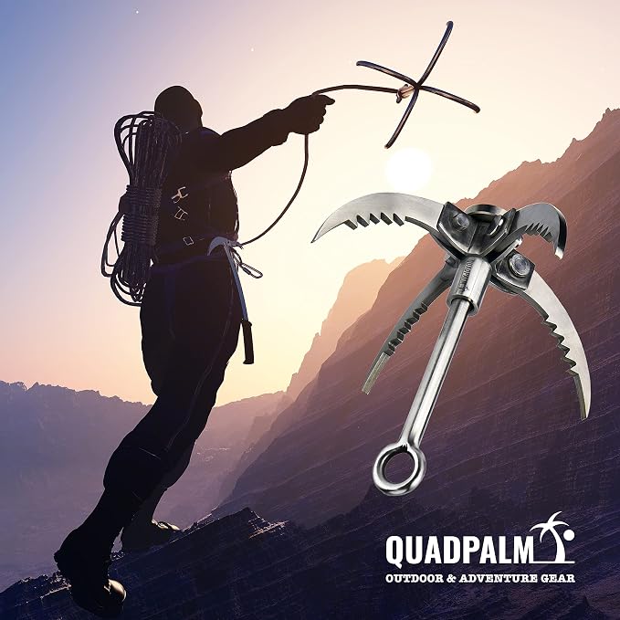 Grappling Hook with 10m Rope – Multifunctional QUADPALM Grapple Hook - 4 Stainless Steel Folding Claws - Heavy Duty - Outdoor Camping Hiking Tree Rock Mountain Climbing Equipment