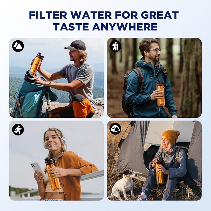 Membrane Solutions 36oz C3 ACF&UF Filtered Water Bottle with 4 Packs Outdoor Water Filter Straw
