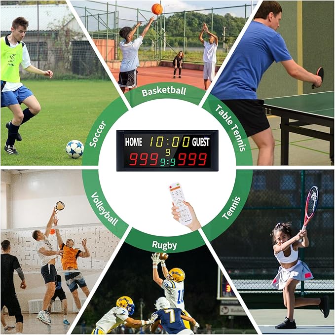YZ 16” Large Electronic Scoreboard with Remote, Bright LED Scoreboard for Outdoor Games, Digital Scoreboard with Timer Clock, Portable Score Keeper for Football/Basketball/Cornhole/Volleyball