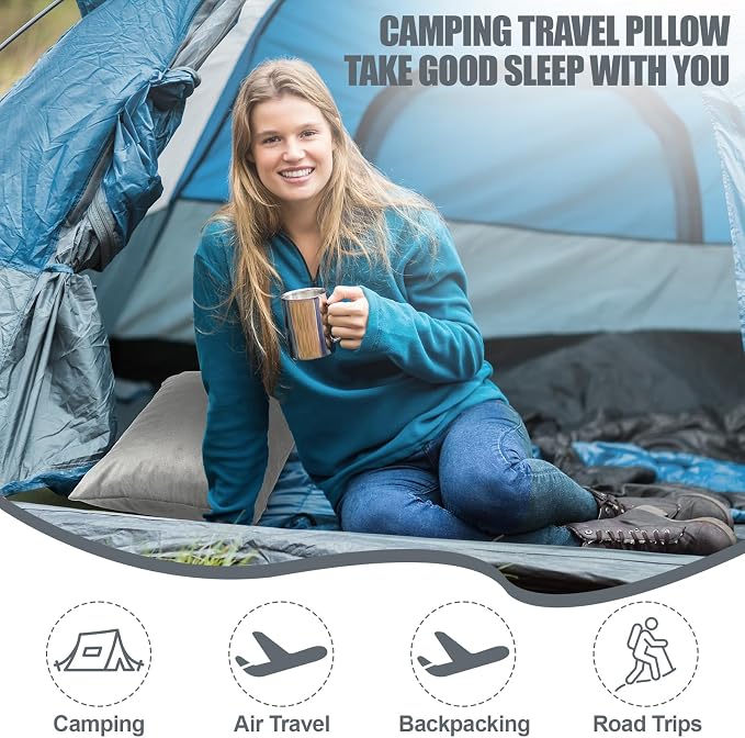 SmoothNovelty 2 Pack Camping Pillow for Sleeping Shredded Memory Foam Travel Pillow with Storage Bag, Compressible Portable Pillow for Outdoor Camp Backpacking Hiking Essential Gear (Grey,Small)