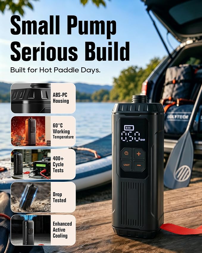 Mini Paddle Board Pump, Portable SUP Air Pump with Battery, Lightweight Electric Inflator 12 PSI Auto Shut-Off, USB-C Rechargeable for Paddle Boards, Kayak, Pool Floats