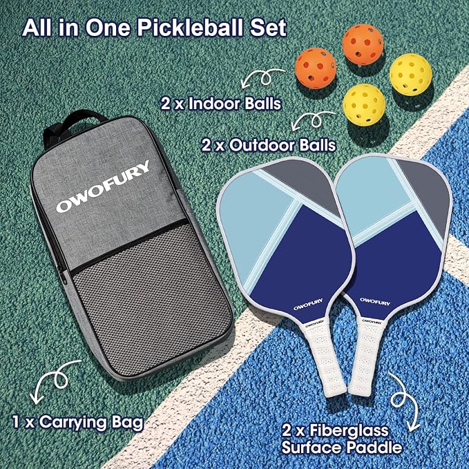 Fiberglass Pickleball Paddles Set of 2, Pickle Ball Racket Lightweight Honeycomb Core Control Paddle, with 4 Indoor Outdoor Balls and Bag for Men Women