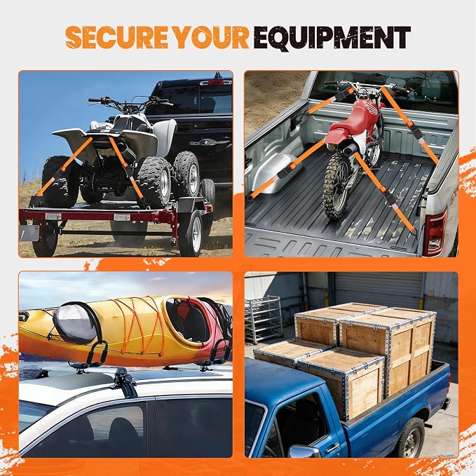 1" x 12' Heavy Duty Ratchet Straps (4-Pack) with 4 Soft Tie Downs & Bag - 1,750lb Break Strength, Safety S Hooks for Truck, Trailer, Motorcycle, Cargo Moving - Orange
