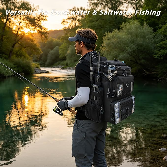 Fishing Backpack with 4 Tackle Boxes, 55L Large Tackle Box Backpack with 4 Rod Holders, Waterproof 900D Tackle Backpacks with Cooler & Clear Gear Windows, Fishing Gifts for Men Women, Black
