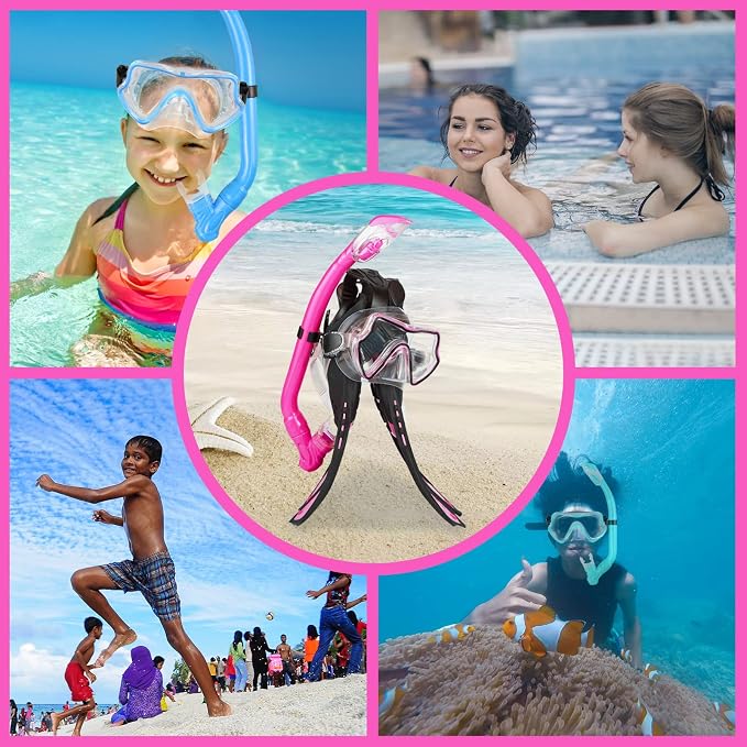 Kids Snorkeling Set - Adjustable Flippers + Panoramic Snorkel Mask + Dry Snorkel Tube + Travel Bags - Suitable for Kids & Juniors, Age 5-14