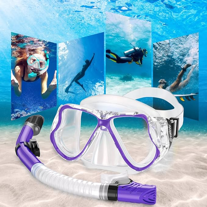 Greatever Dry Snorkel Set,Panoramic Wide View Anti-Fog Scuba Diving Mask,Professional Snorkeling Gear for Adults Kids