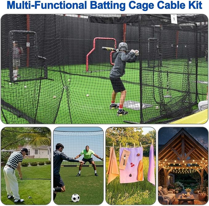 Batting Cage Cable Kit for 10/20/35/55/70FT, Heavy Duty Retractable Batting Cage Netting Net Wire Tension Hanging Kit, Batting Cage Frame for Backyard, DIY Baseball & Softball Hitting Tunnels