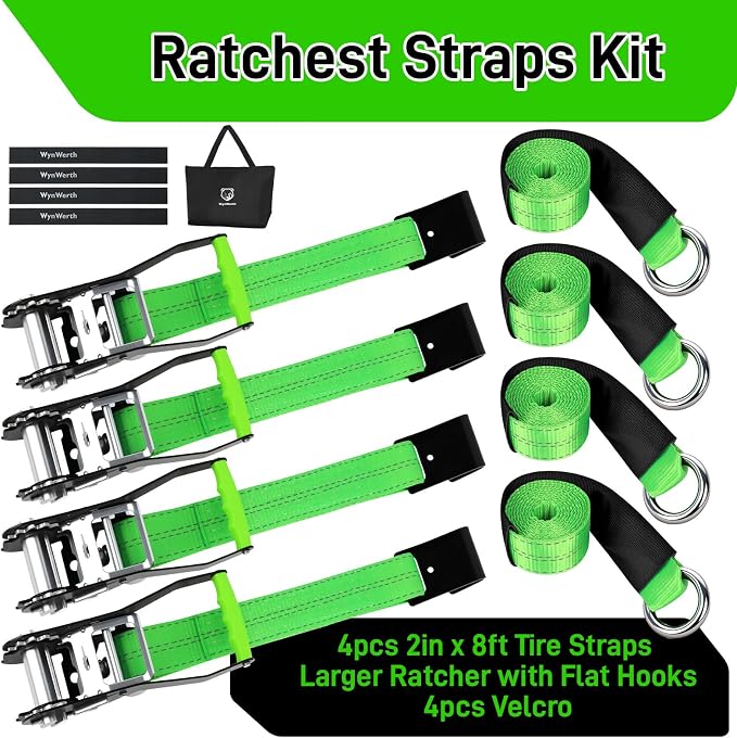 4 Pack Car Tie Down Straps for Trailers, Tire Ratchet Strap with Flat Hooks, 2" x8' 10,000lbs Break Strength -T-Handle Car Hauler Tire Lasso Wheel Straps for Hauling UTV, Truck, SUV