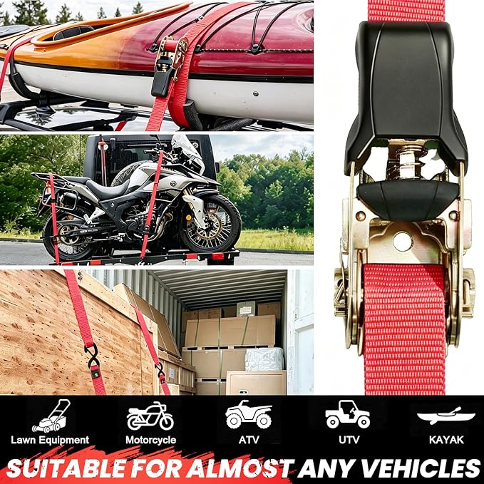 Ratchet Straps Medium Duty 4 Pack -1 Inch x 15 Feet (1,823LB Break Strength)- Motorcycle Tie Down Straps -Soft Loops with Bungee Cords- Ratchet Tie Down Set for Powersports, Motorcycle or Moving Cargo