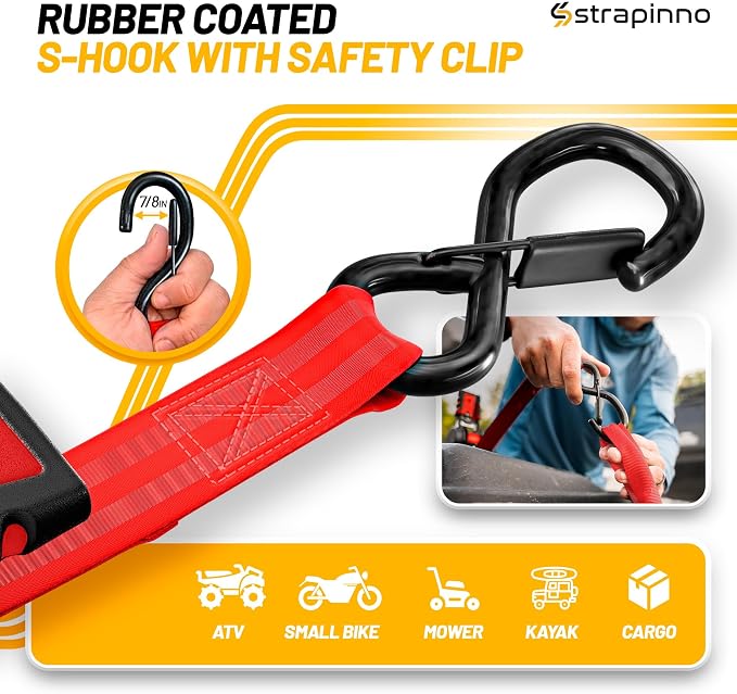 Strapinno Retractable Ratchet Straps (4-Pack), 1 in x 10 ft, 1,500LBS Break Strength, Most Durable Straps and Core, Auto Self Retracting Tie Downs for Truck, Moving, Motorcycle, Bike, Jetski, Kayak
