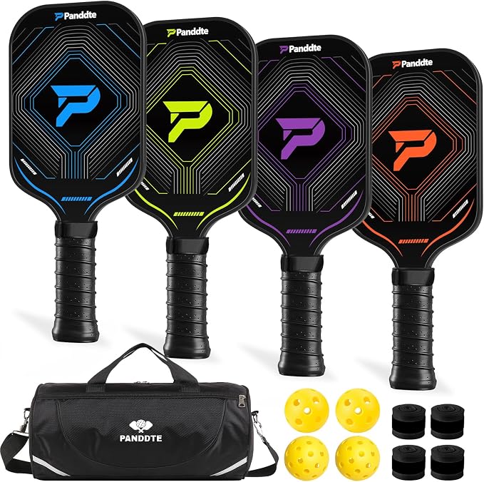 Pickleball Paddles Set of 4, Complete Family Starter Kit – 4 Balls (Indoor & Outdoor), 4 Overgrips & Bag, Lightweight Carbon Fiber Rackets for Beginners & Intermediate, Ready to Play Anywhere