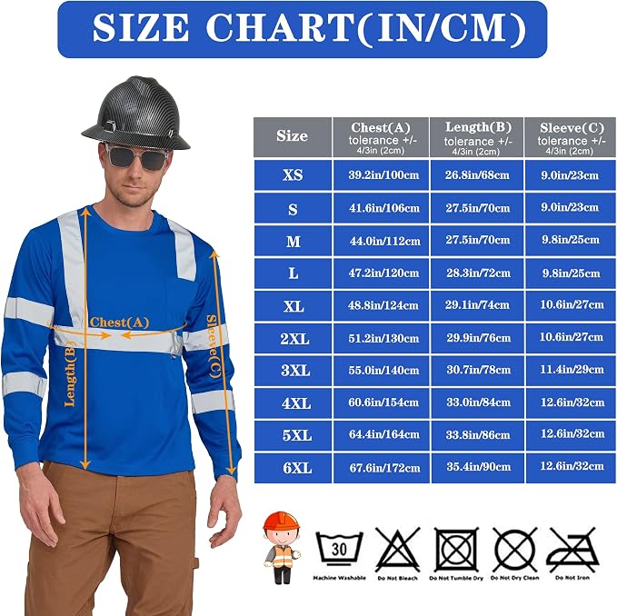 AYKRM Safety T Shirt Reflective High Visibility hi vis Long Sleeve T Shirt (XS-6XL)