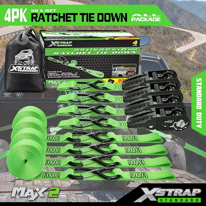XSTRAP STANDARD Ratchet Tie Down Straps - 4 Pk - 1'' x 15 Ft 1890 Lbs Break Strength-Cargo Straps with Integrated Soft Loops, Padded Handles & Coated S Hook W/Safety Clip for Motorcycle, Truck (Green)