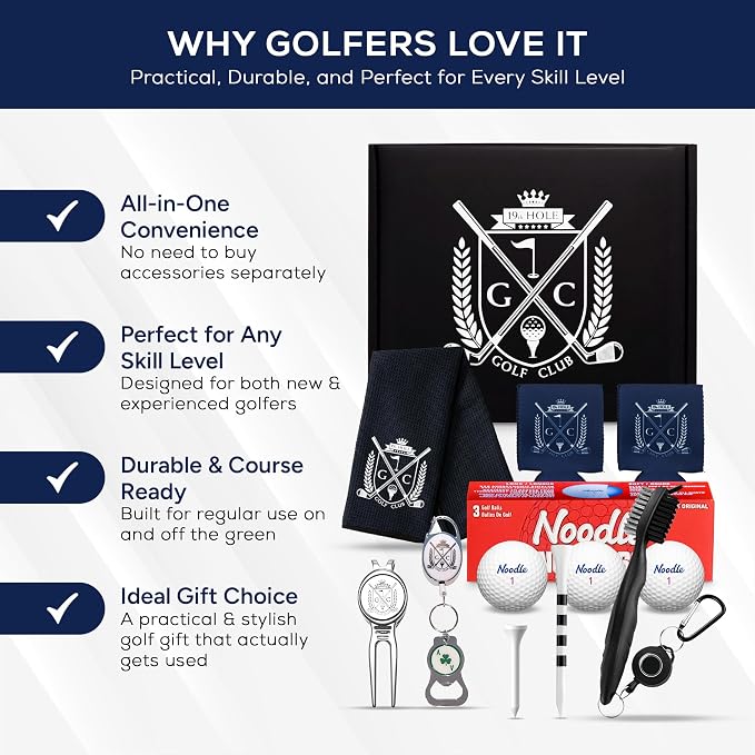 Golf Gift Kit | Includes - Towel, Club Brush, Ball Marker, Divot Repair Tool, Premium Golf Balls, Long & Short Tees, Koozies, Golf Gifts for Men & Women, Golf Kit, Ideas