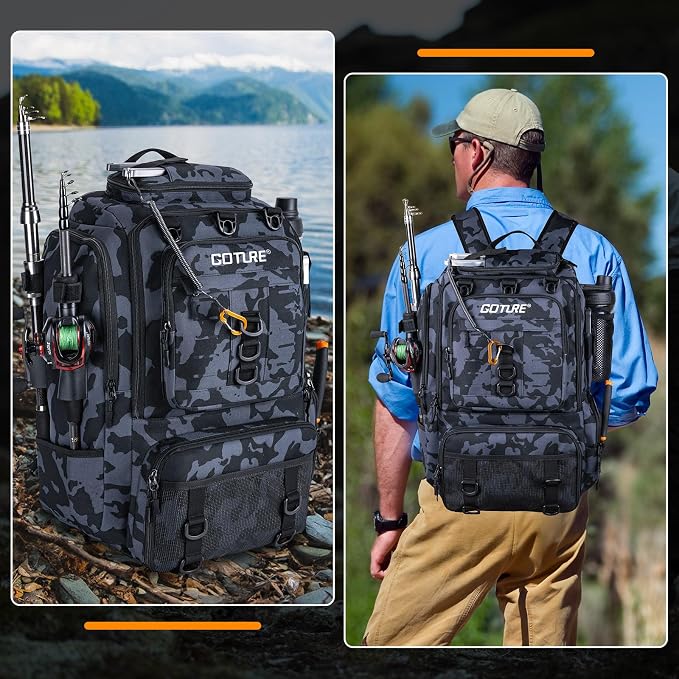 Goture 40L Fishing Tackle Backpack with Cooler and 2 3600 fishing tackle boxes, 900D Water-Resistant Tackle Backpack with Removable Bait Binder, 2 Rod Holders and Rain Cover,Camouflage backpack