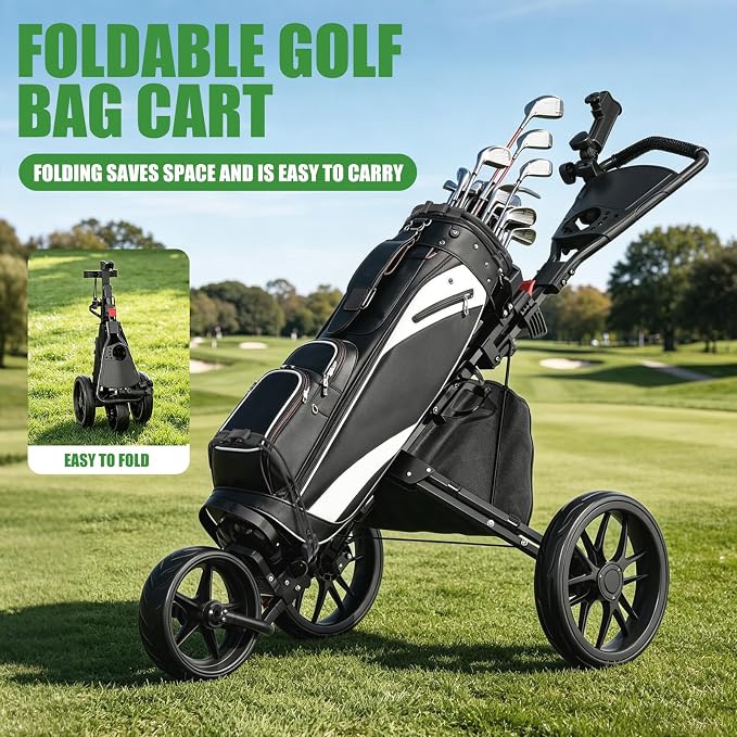 Golf Push Cart - Lightweight Aluminum 3-Wheel Foldable Golf Bag Cart with Large Wheels for All Terrain, Adjustable Handle, Foot Brake, Cooler Bag, Cup/Umbrella Holder