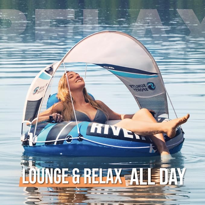 Sunlite Sports River Tube with Canopy for 1 or 2 Person - Heavy Duty Inflatable Water Float with Cup Holders, UV Sun Protection, Comfortable Lounge Design for Lake, River, Pool