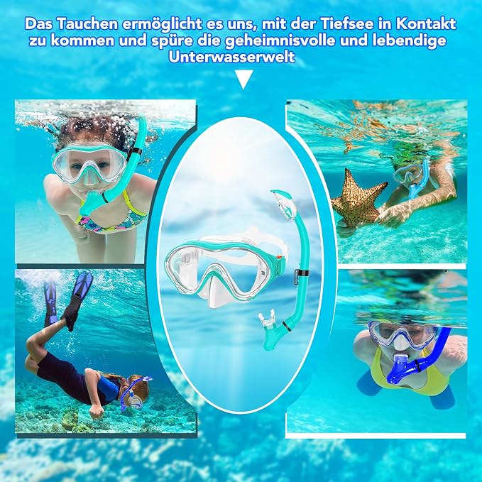 Snorkeling Gear for Kids with Foldable Silicone Full Dry Snorkel, Kids Snorkel Set Anti Leak Youth Junior Snorkeling Package Diving Mask Soft Tube with Mesh Bag Scuba Swimming Goggles