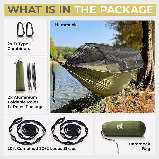 Miztli Camping Hammock Portable Tent-Like Double/Single Hammock with Spacious Net for Indoor & Outdoor