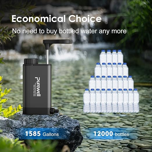 Purewell Stainless Steel Water Filter Pump with Replaceable Carbon 0.01 Micron Water Filter, 3 Filter Stages, Portable Outdoor Emergency and Survival Gear - Camping, Hiking, Backpacking(Black)
