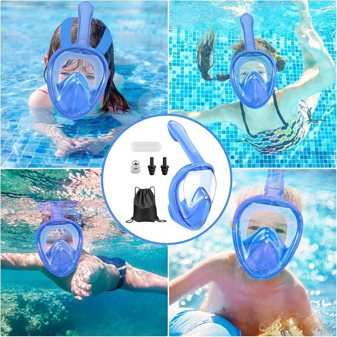 Kids Snorkel Mask Full Face, Snorkeling Gear for Kids with Camera Mount, 180 Degree Panoramic View Snorkeling Set Anti-Fog Anti-Leak