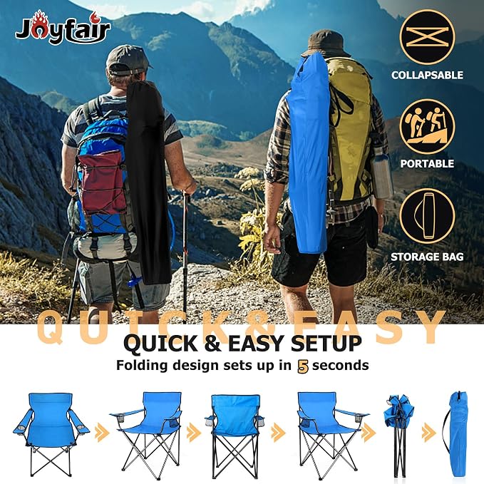 Joyfair Portable Camping Chair, Outdoor Lawn Folding Chairs for Adults, Heavy Duty Large Foldable Chairs for Beach, Fishing, Tailgating and More Outdoor Sport, Carry Bag & Cup Holder