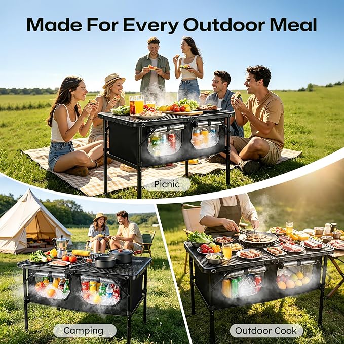 Camping Table with Storage, Folding Camp Kitchen Table with Insulated Cooler Bag, 35.4" x 23.6" Height Adjustable Lightweight Aluminum Outdoor Table for BBQ, Picnic, RV, Tailgating