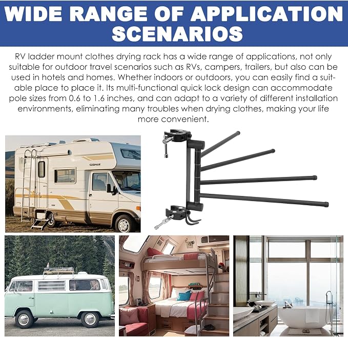 RV Clothes Drying Rack, RV Ladder Clothes Drying Rack, Four 12.7" Long Arms, No Drilling Anti-Rust for Ladder Boats Camper Trailer Travel Hotel Home