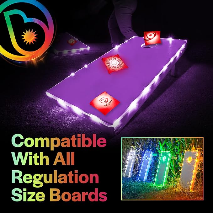 Brightz Cornhole Board Edge Lights with LED Bags - Includes 4-Pack of LED Cornhole Bags + TossBrightz Cornhole Board Edge Lights - The Ultimate Night Time Cornhole Master Set