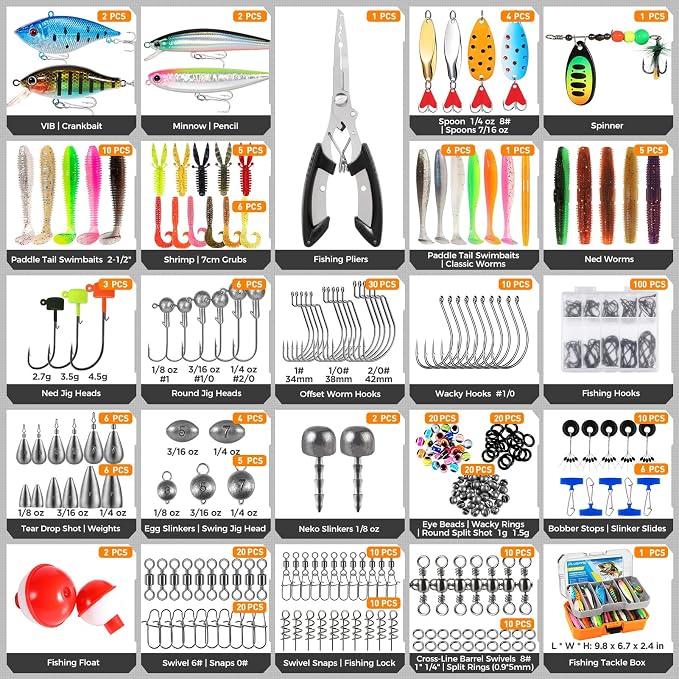PLUSINNO Fishing Lures Tackle Box Gear Kit with Tackle Included, 373 PCS | Waterproof, Compact & Customizable, for Bass Trout, Freshwater Topwater, 16 Rigs, Fishing Gifts for Men Starter