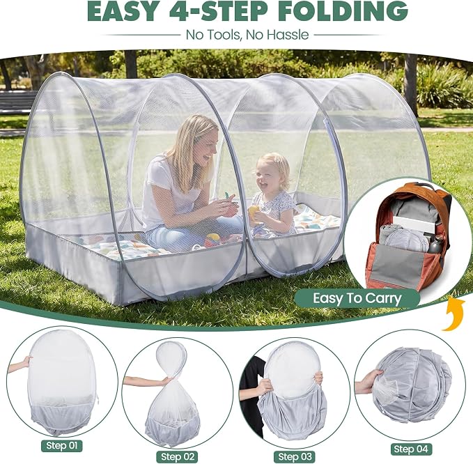 Orzbow Large Mosquito Net | Portable Pop Up Mosquito Tent for Insect, Fly & Bug Protection with Charging Cable Access and Storage Pocket for Bed, Camping, Beach, Travel, Outdoor, 74.8" x 35.4" x 33.4"