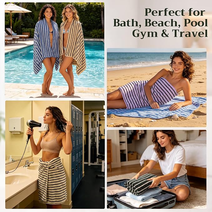 Mindsoft 4 Pcs Microfiber Stripe Bath Towels 27'' x 55'' Soft Highly Absorbent Shower Towels with Hang Loop Large Colorful Light Weight Bathroom Towel Sheet for Beach Travel Spa Gym Camp(Dark)