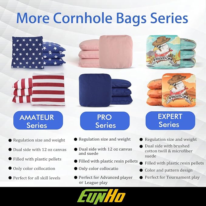 EunHo Regulation Cornhole Bags Set of 8 - Dual Sided Slick and Stick Cornhole Bean Bags for Tossing Game Professional All Weather Pro Corn Hole Bags with Tote Bag