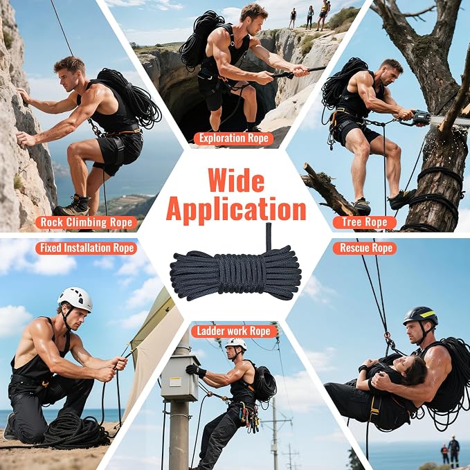 10.5mm Static Climbing Rope - 32FT Rock Climbing Rope for Adults & Kids, Outdoor Heavy Duty Rappelling Ropes for Fire Rescue, Escape, Ice Climbing, Parachute, Caving - Black