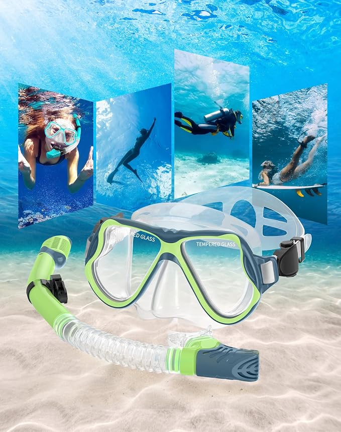 Greatever Snorkeling Gear for Adults, Dry Snorkel Set Panoramic View Snorkel Mask, Anti-Leak Anti-Fog Scuba Diving Swimming Mask with Adjustable Strap and Travel Mesh Bag
