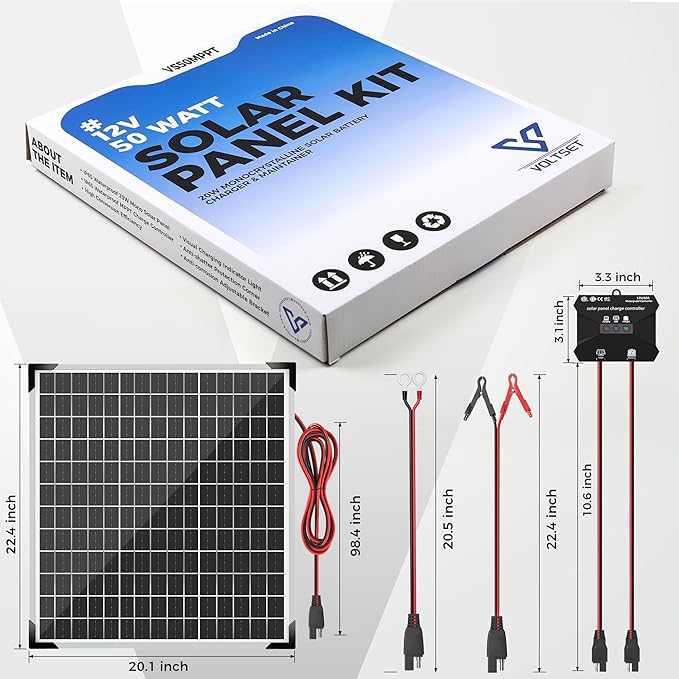 Voltset 50W Solar Panel Kit - 12V Solar Battery Charger Maintainer - IP67 Waterproof Solar Trickle Charger with 10A Smart Charge Controller and Mount Bracket for Boat RV Car Motorcycle Marine Trailer