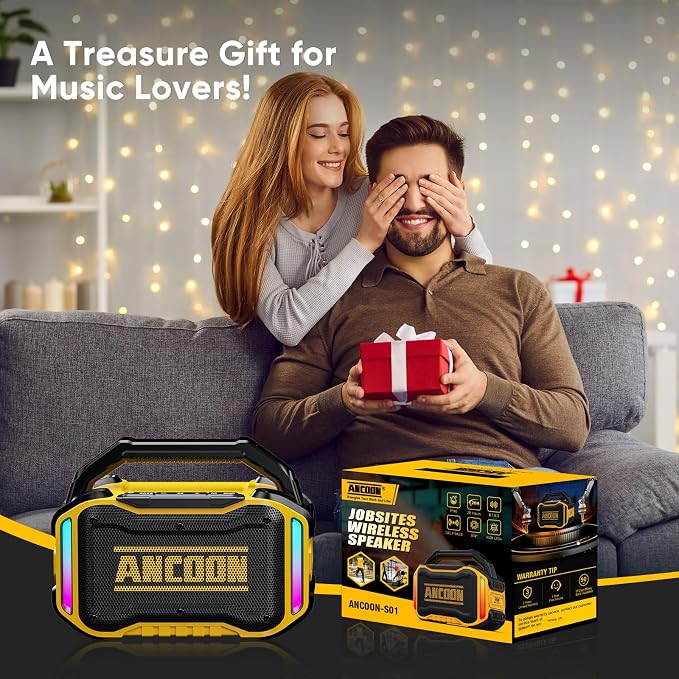 ANCOON Speakers Bluetooth Wireless: 80W(Peak) Loud Speaker with Bass, 20H Playtime, IPX6 Waterproof, Large Jobsite Speakers for Work, Outdoor, Workshop, Garage, Portable Speaker with TWS (Yellow)