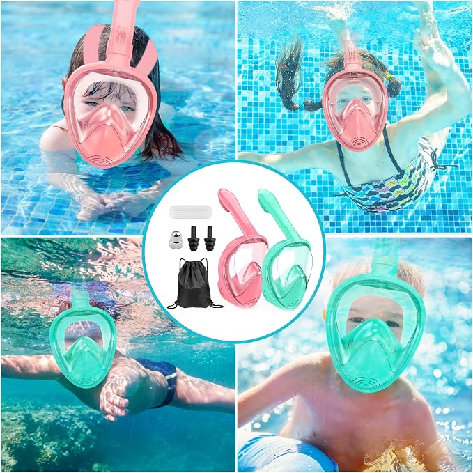 Kids Snorkel Mask Full Face, Snorkeling Gear for Kids with Camera Mount, 180 Degree Panoramic View Snorkeling Set Anti-Fog Anti-Leak