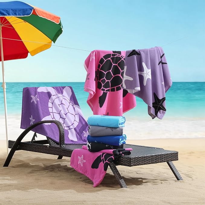 Oversized Beach Towels 4 Pack,40”x70” Microfiber Thin Large Beach Towel Set for Adults Travel Camping Swimming,Turtle Starfish Them Sand Free Quick Dry Lightweight XL Pool Towels -Purple & Rose Red
